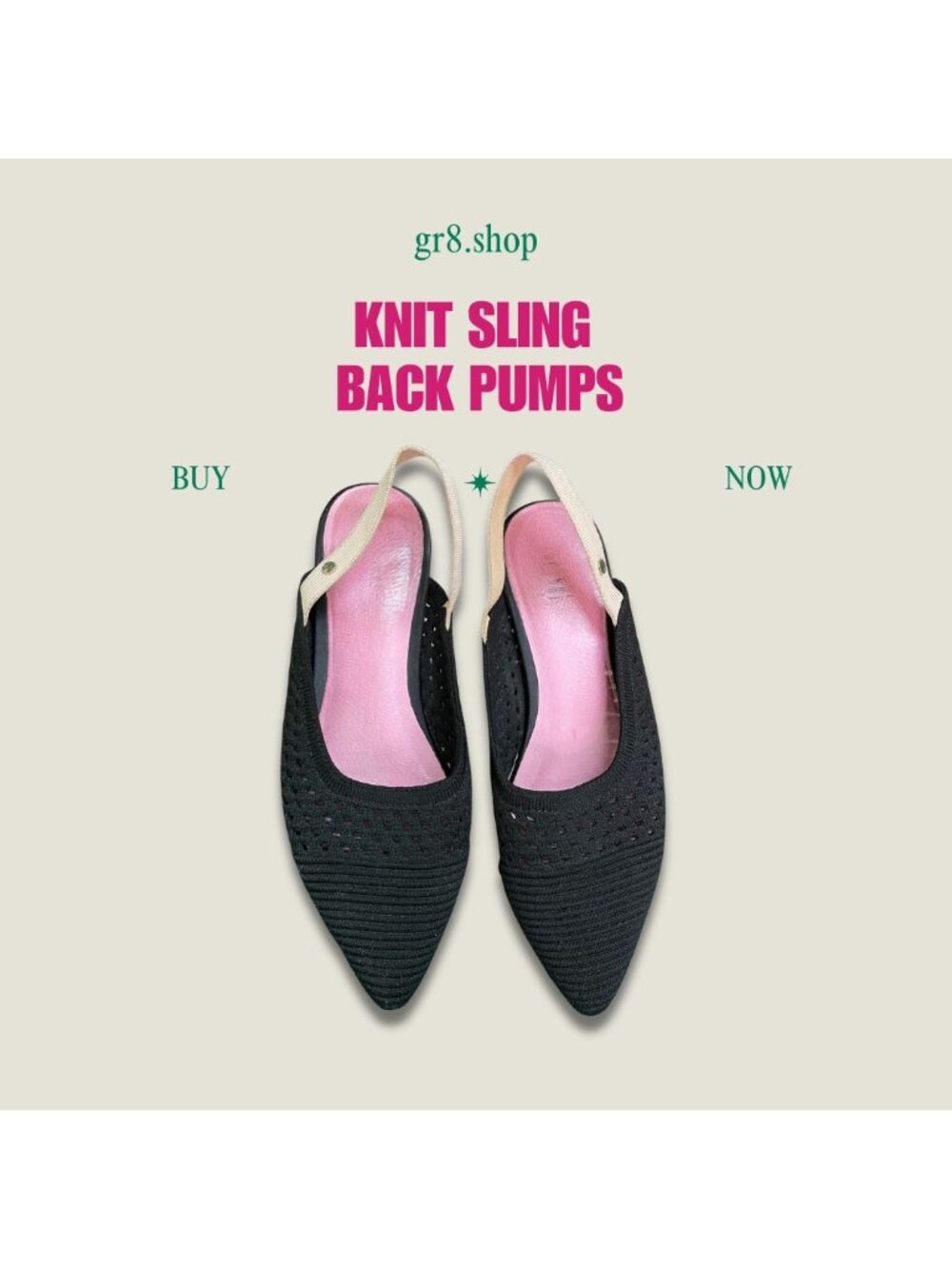 Knit Slingback Pointed-Toe Pumps - Size 7 - Black With Beige Strap - Lightweight